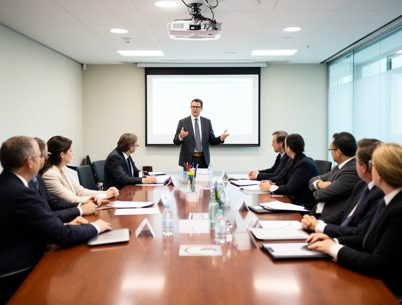 企業の会議室でモデレーターが進行する様子